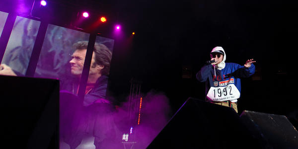 Mac Miller performs on stage to a high energy crowd a the Bryce Jordan Center in 2012.